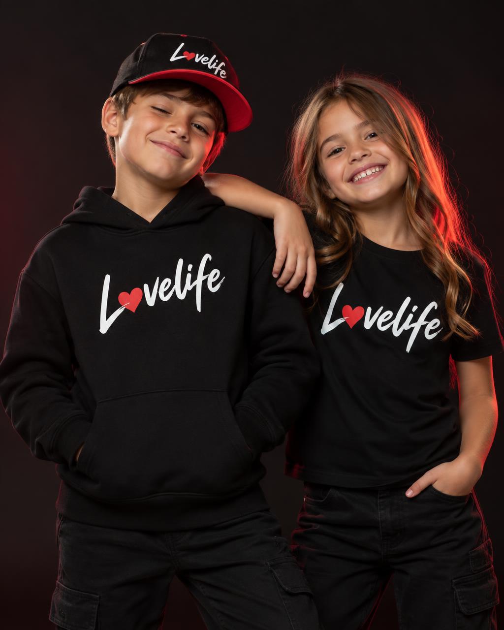 Kids wearing Lovelife merch: Kids Hoodie · Tee · Cap